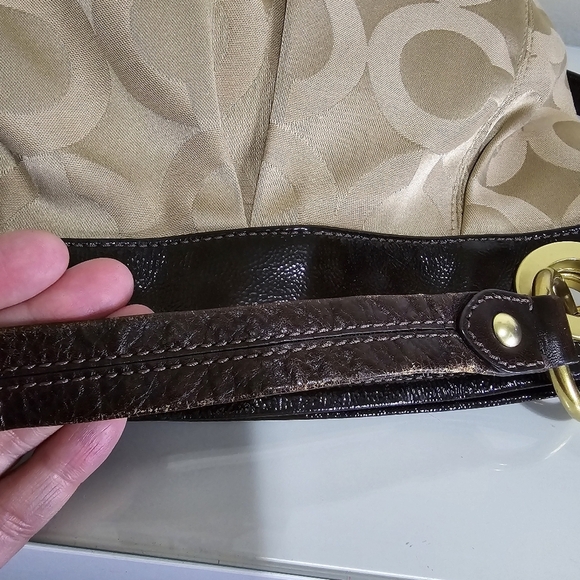 COACH Brown Tan Printed Canvas Patent Leather Top Handle Shoulder Tote Bag - Picture 11 of 16